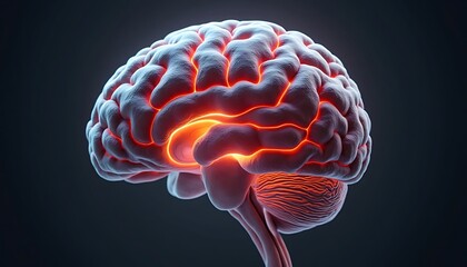 Anatomical Brain Model Glowing Red on Dark Background