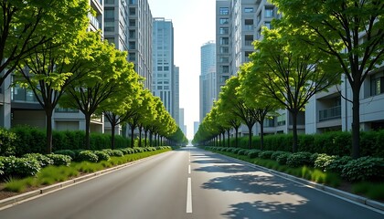 City Road with Lush Green Trees and Modern Buildings