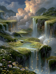 Surreal landscape with waterfalls and lush greenery under a cloudy sky.
