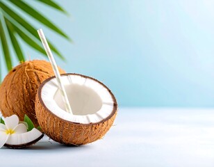 Fresh coconut drink with tropical leaf