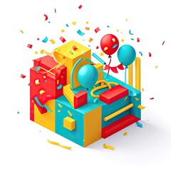 Fototapeta premium A vibrant isometric celebration with colorful building blocks and balloons.