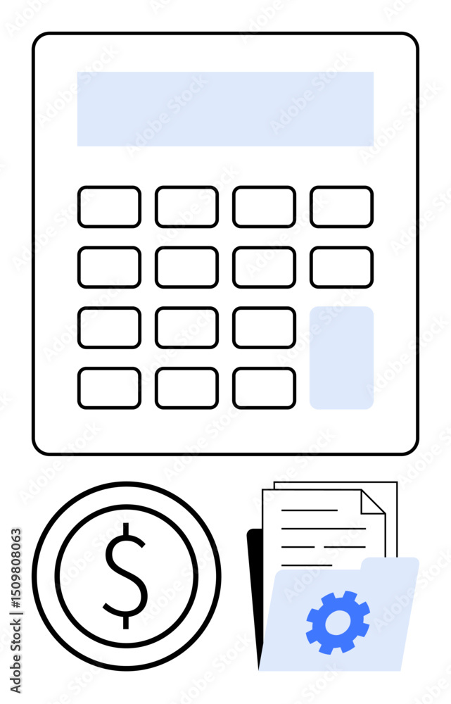 Poster calculator and monetary symbol emphasize finance. documents with gear represent operations and strat