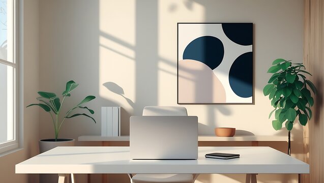 Zoom background with elegant minimalist desk setup featuring white furniture and a closed laptop