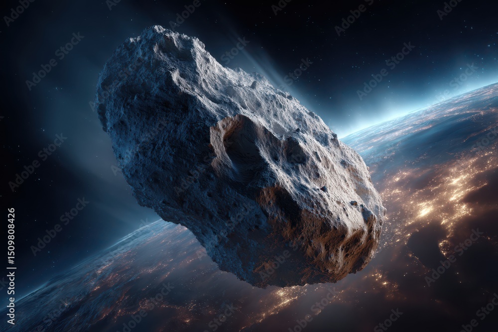 Poster a gigantic asteroid floating above planet earth in a space backdrop.