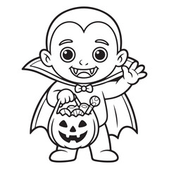 Happy Baby Vampire with Trick-or-Treat Bucket – Line Art Coloring Page