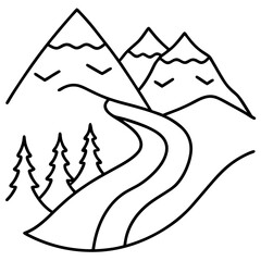 Hiking path in mountain view line art vector illustration 