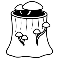 Hollow tree stump with mushroom line art vector illustration 