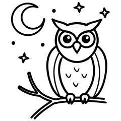 Owl on a branch at night line art vector illustration