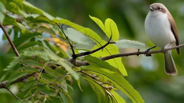 Close-up of a Penduline Tit perched on a tree branch amidst green foliage in a natural setting, creating a peaceful wildlife scene.