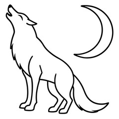 Wolf howling at moon line art vector illustration