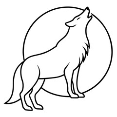 Wolf howling at moon line art vector illustration