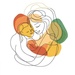 Mother's Day. Continuous One Line Drawing Art of Mother Hugging Child. Love and Contemporary Woman Portrait