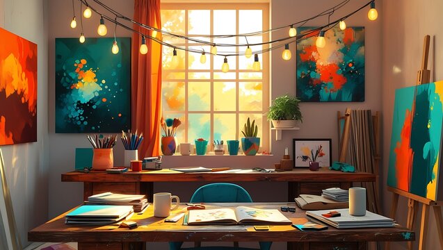 Artistic Zoom background with vibrant rustic workspace including sketchbooks and ceramic coffee cup