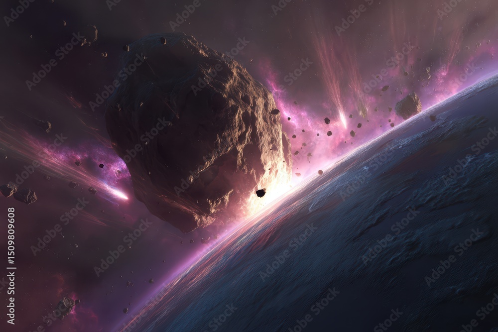 Poster a massive asteroid hovering over the earth, showing intricate surface details and a dark space backg