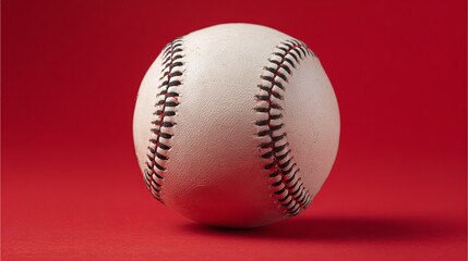 Close-up of a brand new white baseball with red stitching isolated on vibrant red rubber surface, showcasing clean composition, professional lighting