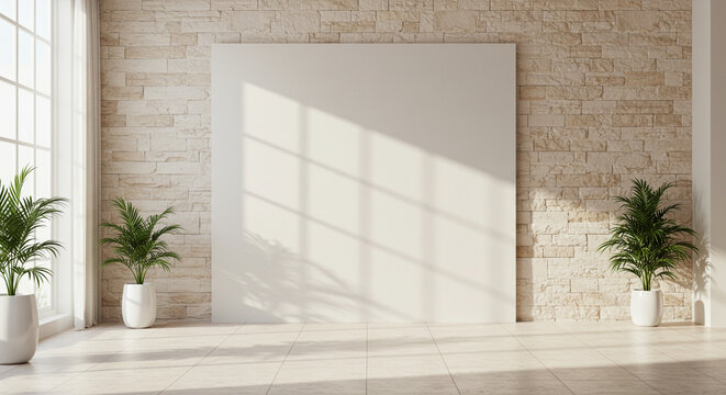Minimalist Pastel beige brick block stone empty room interior blank wall background backdrop with plants window light shadows for online zoom presentations webinars virtual meetings teams 