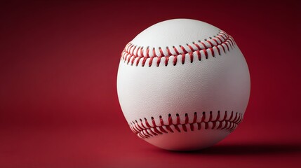 Close-up of a brand new white baseball with red stitching isolated on vibrant red rubber surface, showcasing clean composition, professional lighting