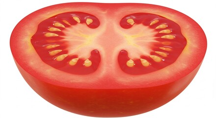 Sliced Tomato Showing Seeds and Texture on White Background