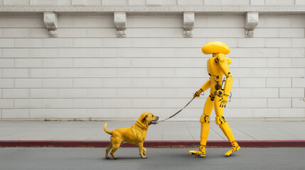 Futuristic dog-walking robot at work—companion machine performs daily task with care—automation becomes a symbol of affection in the modern pet–robot relationship