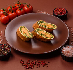 Roll of omelette, spinach, cheese and minced meat