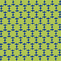 A mesmerizing geometric pattern of green star-shaped blossoms with subtle gradients, creating an optical illusion of motion and depth, set against a contrasting blue background.