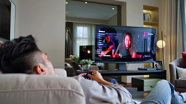 Person relaxing on cozy couch, browsing streaming platform with numerous video thumbnails on TV screen