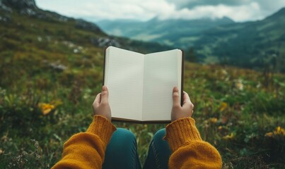 Writer or artist looking for inspiration with blank paper and natural landscape background