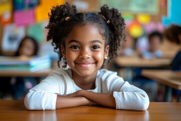 Happy black schoolgirl sits at her desk with folded arms, smiling at camera, vibrant and positive school environment