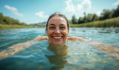 Selfie image of mature happy woman swim in the lake in middle of beautiful natural landscape