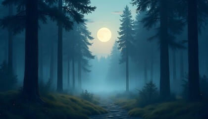 A serene forest path with sunlight streaming through tall ancient trees, soft moss covering the ground, and a gentle mist in the air  .