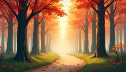 A serene forest path with sunlight streaming through tall ancient trees, soft moss covering the ground, and a gentle mist in the air  .