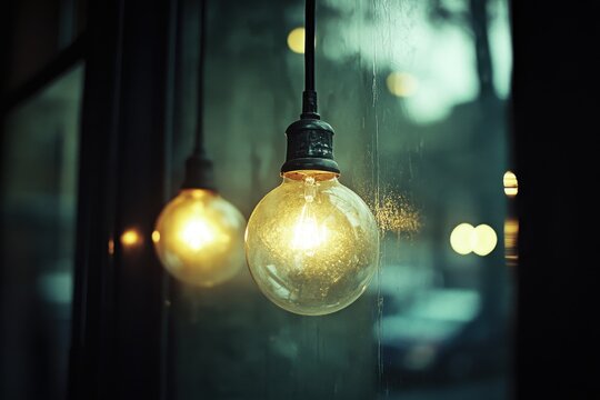 Warm glow of hanging light bulbs in a cozy cafe setting during evening hours, Light bulbs at the cafe, change of focus