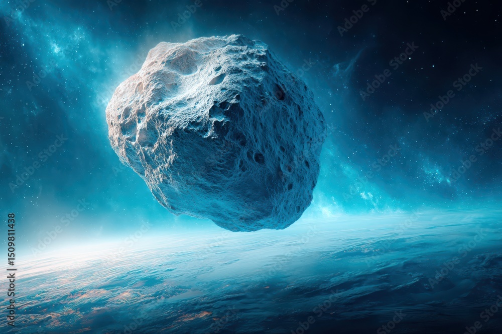 Poster a massive asteroid hovering above planet earth in the vastness of space.