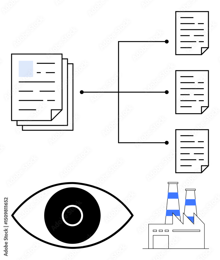 Poster documents connected by workflow lines, factory representing production, and an eye symbolizing monit