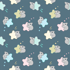 Naklejka premium Seamless Pattern with Cartoon Koala Bear and Star Design on Dark Blue Background. Hand Drawn Vector Illustration.