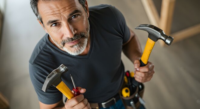 Handyman holding steel hammers looks up towards the camera while standing in a room under construction with his professional tools.