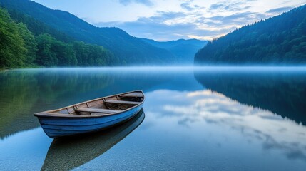 Tranquil lake scene with wooden boat and misty mountains.