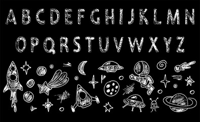 Crayon Illustration of Rocket Launch in Space and English font