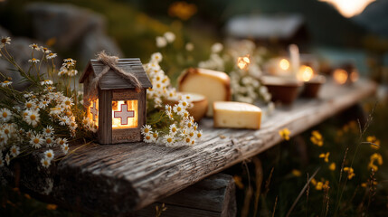 A rustic wooden table with a Swiss flag lantern, alpine flowers, and golden cheese fondue, celebrating Swiss heritage and alpine charm.