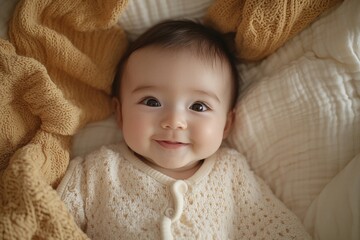 Good morning sunshine. Smiling little baby laying on blanket in cot, ready to wake up, looking at mom and smiling, above view