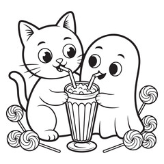 Friendly Ghost and Cute Cat Sharing a Halloween Milkshake – Adorable Spooky Coloring Page