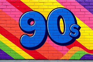 Colorful retro 90s banner on brick wall with graffiti, vibrant abstract art, music and dance vibes. Perfect for club, poster, rave, and street design themes.