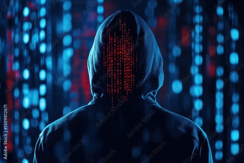 Poster man wearing hoodie surrounded by binary code in a dark environment, man in hoodies jackets stand wit