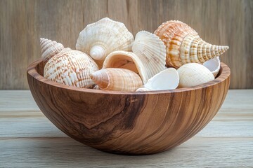Beautiful wooden bowl filled with assorted sea shells perfect for home decoration and coastal themes, Wooden bowl filled with various sea shells on wooden surface