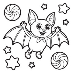 Smiling Bat Flying Among Stars and Candy - Halloween Line Art Coloring Page