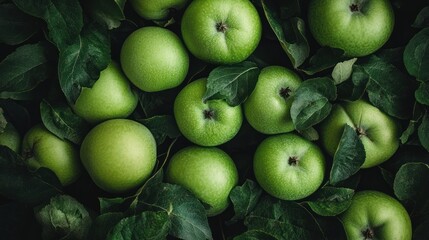 Green apples and leaves overhead shot.