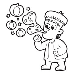 Obraz premium Cute Frankenstein Boy Blowing Bubbles with Halloween Pumpkins | Line Art Coloring Page