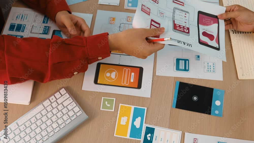 Poster excellent startup company employee presenting user interface prototype for mobile application to sma