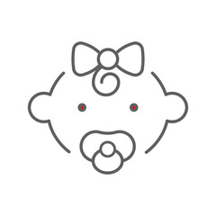 Baby girl with pacifiers line icon. Simple outline style. Infant face with pacifier and small curl. Ideal for childcare, newborn products. Editable stroke