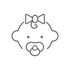 Baby girl with pacifiers line icon. Simple outline style. Infant face with pacifier and small curl. Ideal for childcare, newborn products. Editable stroke